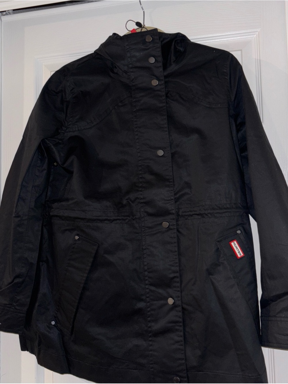 Hunter Black Hooded Raincoat with Red Logo Tab
